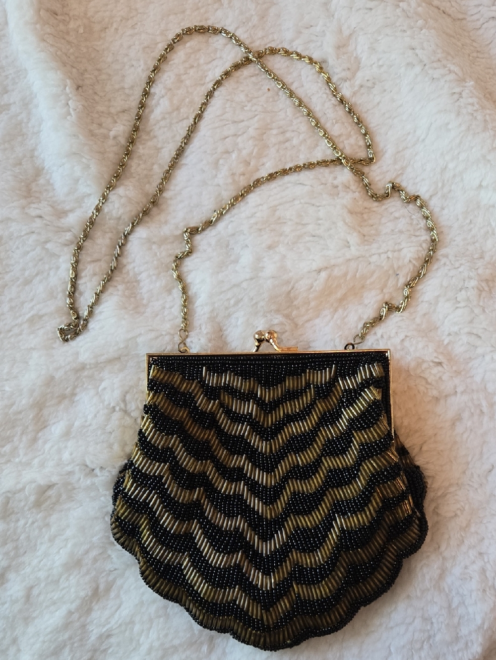 Gold and Black Beaded Evening Clutch with Chain Strap